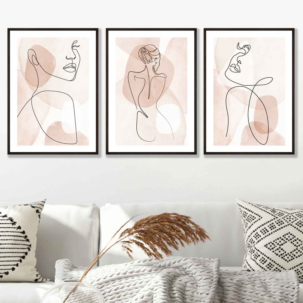 Coral Pink Abstract Line Art Female Set of 3 Wall Art Prints