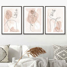 Coral Pink Abstract Line Art Female Set of 3 Wall Art Prints