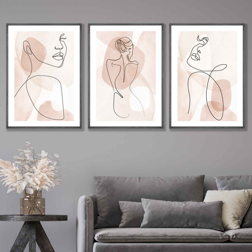 Coral Pink Abstract Line Art Female Set of 3 Wall Art Prints
