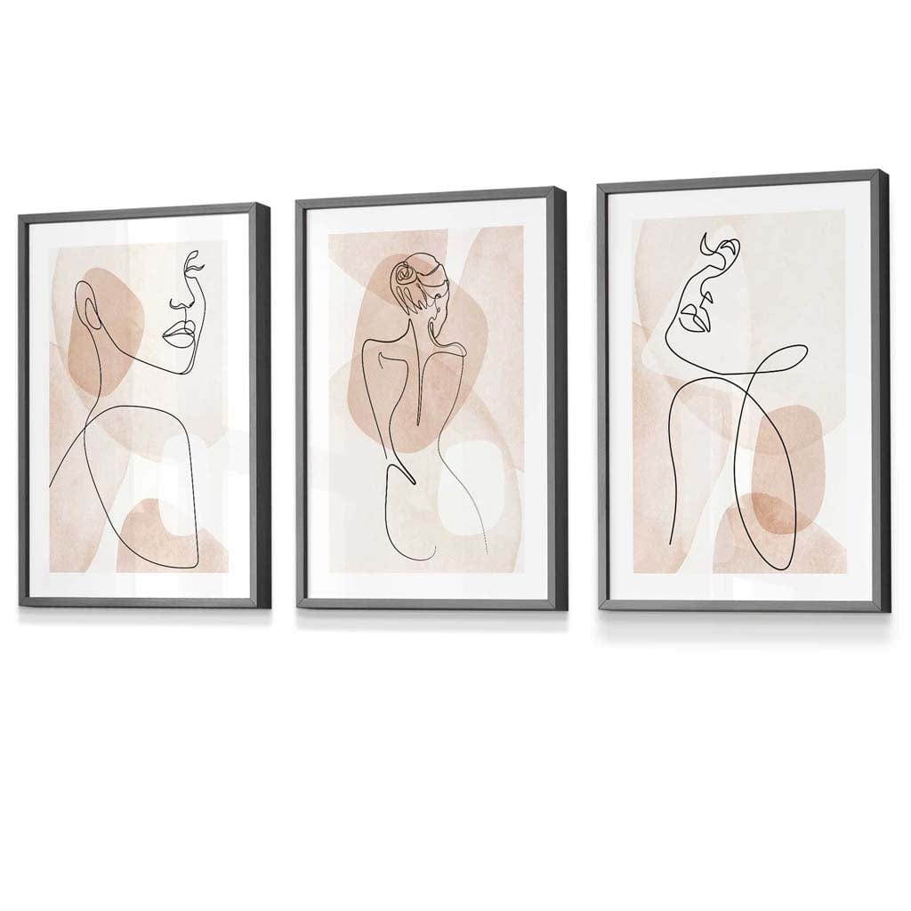 Coral Pink Abstract Line Art Female Wall Art Set of 3 Framed / Prints | Artze Wall Art UK