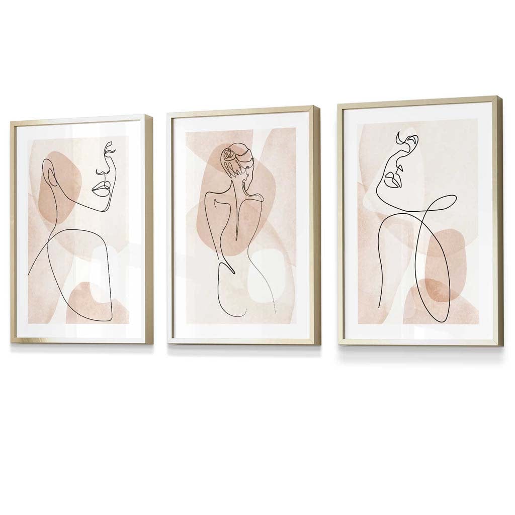 Coral Pink Abstract Line Art Female Wall Art Set of 3 Framed / Prints | Artze Wall Art UK