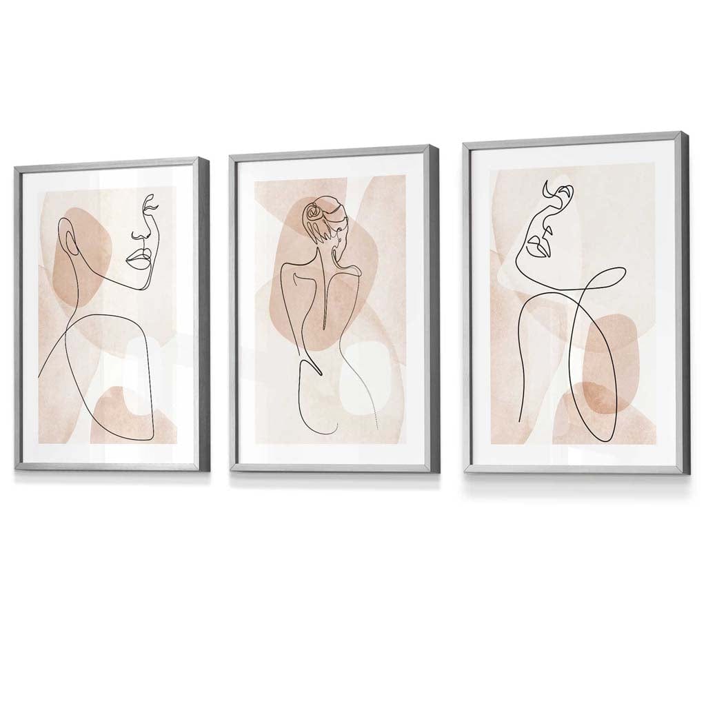 Coral Pink Abstract Line Art Female Wall Art Set of 3 Framed / Prints | Artze Wall Art UK