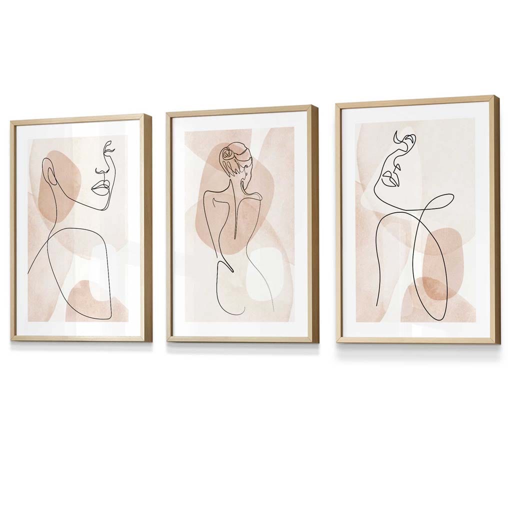 Coral Pink Abstract Line Art Female Wall Art Set of 3 Framed / Prints | Artze Wall Art UK