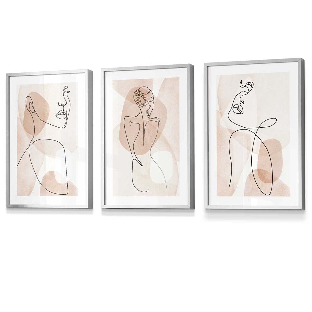 Coral Pink Abstract Line Art Female Wall Art Set of 3 Framed / Prints | Artze Wall Art UK