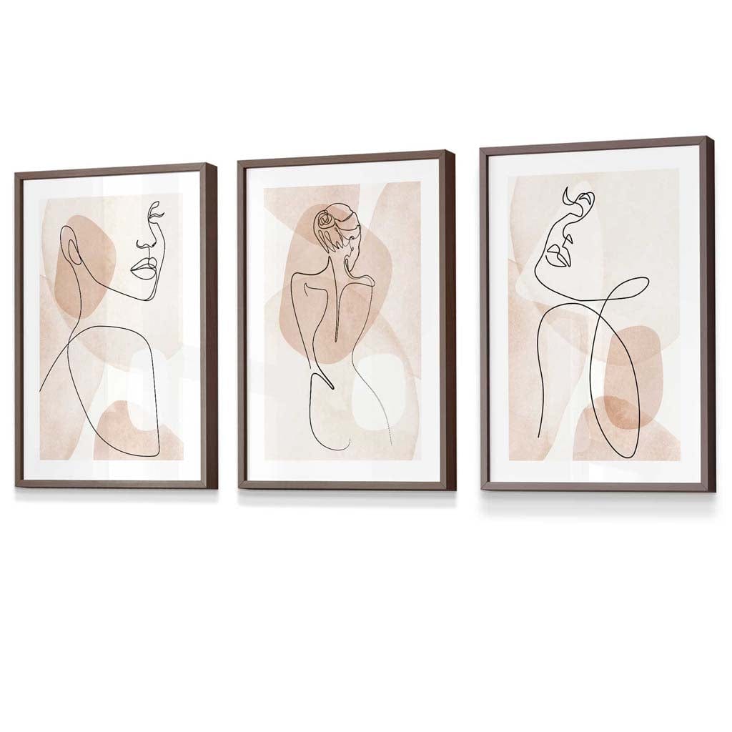 Coral Pink Abstract Line Art Female Wall Art Set of 3 Framed / Prints | Artze Wall Art UK