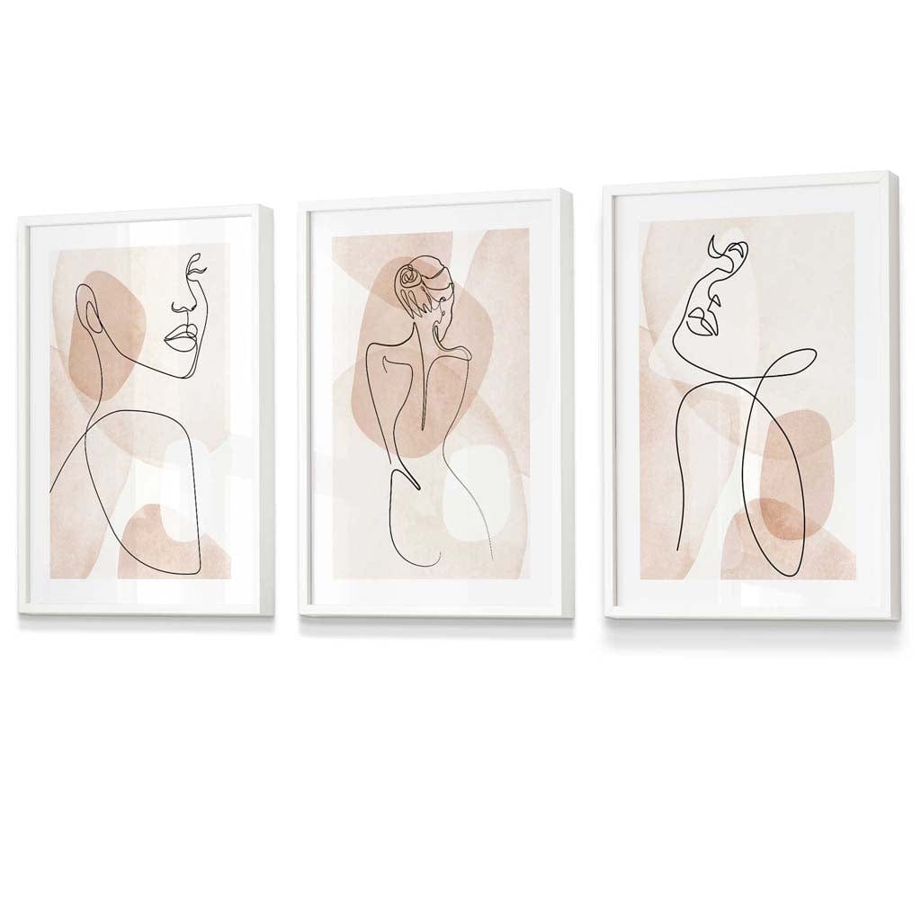 Coral Pink Abstract Line Art Female Wall Art Set of 3 Framed / Prints | Artze Wall Art UK