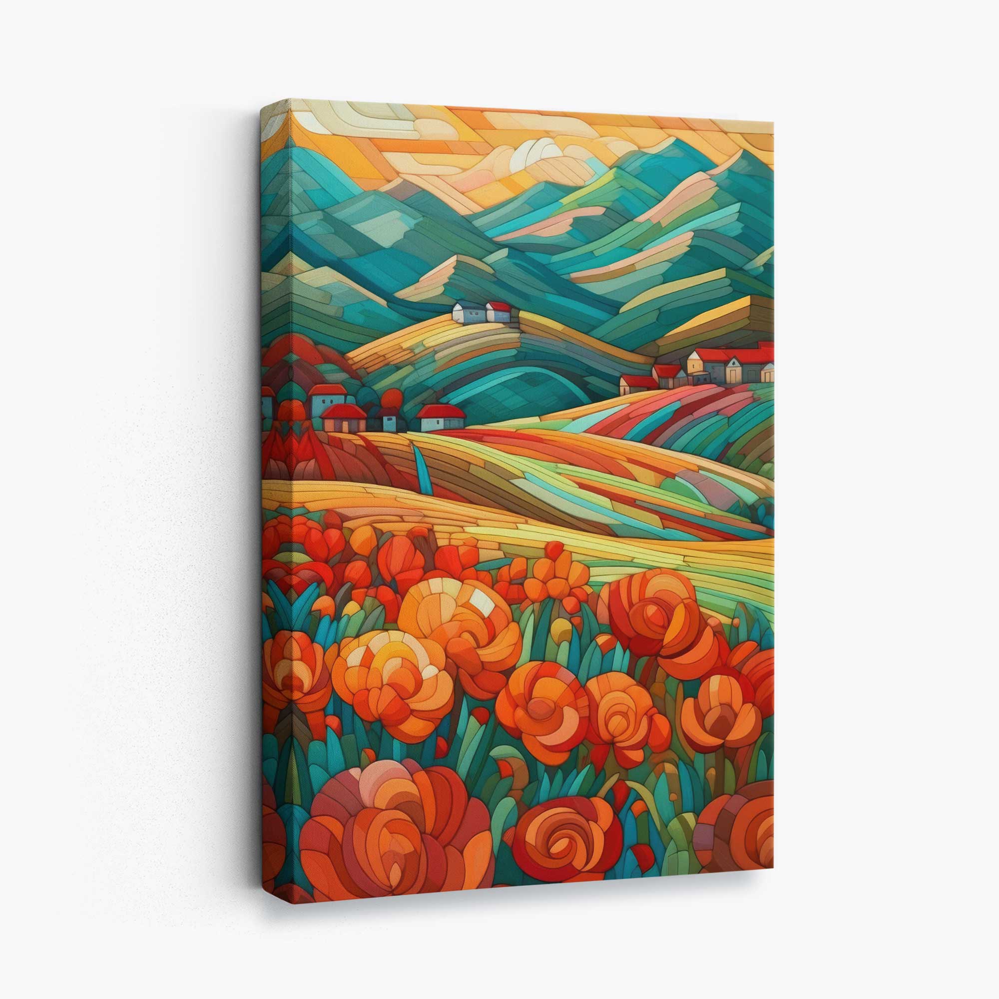 Colourful Landscape with Red Flowers Abstract Painting Canvas Print | Artze Wall Art UK