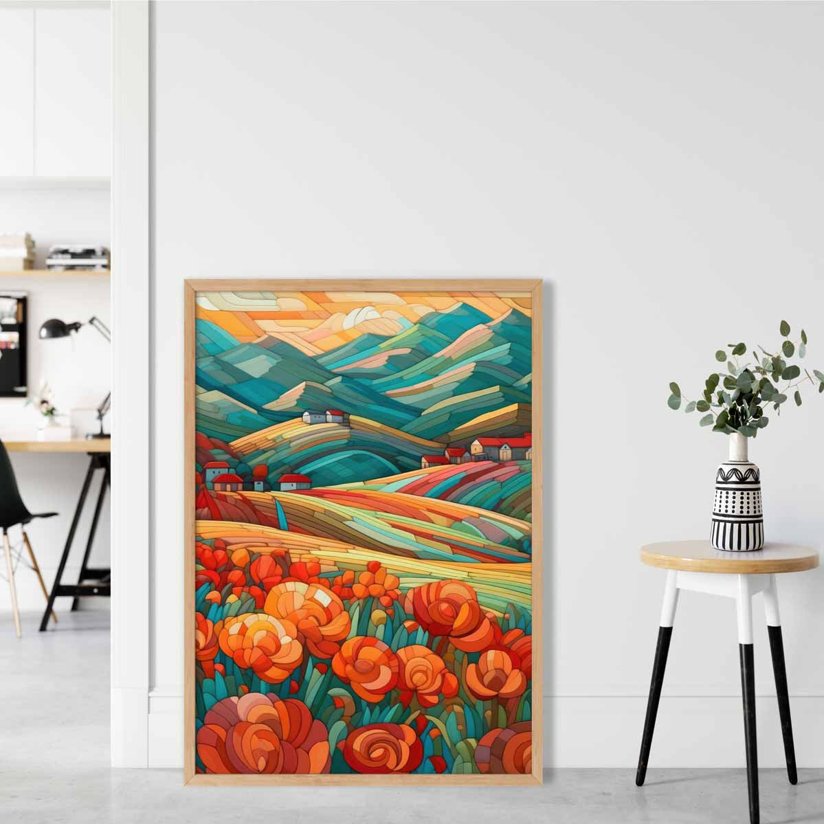 Colourful Landscape with Red Flowers Abstract Painting Art Print