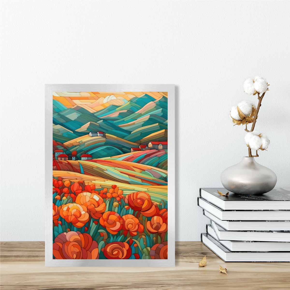Colourful Landscape with Red Flowers Abstract Painting Art Print