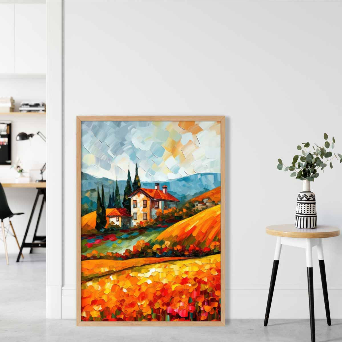 Red Fields Farmhouse Landscape Abstract Painting Art Print