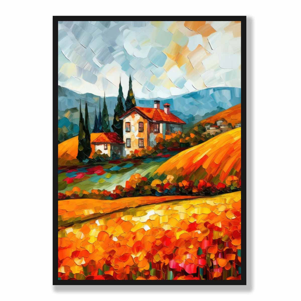 Red Fields Farmhouse Landscape Abstract Painting Art Print