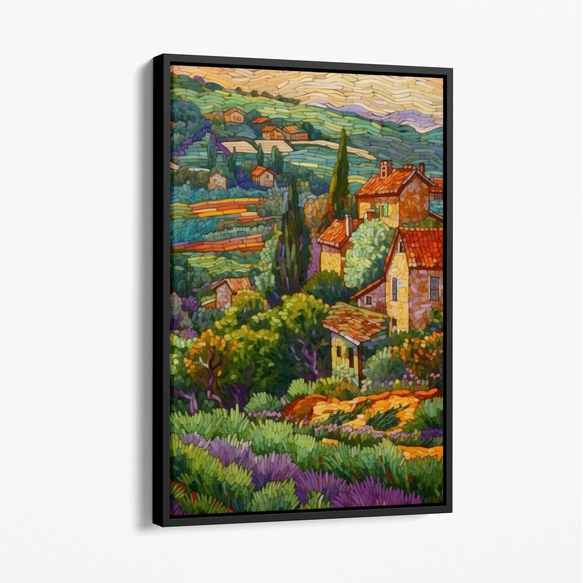 Farmhouse Fields Abstract Mosaic Style Painting Canvas Print with Black Float Frame | Artze Wall Art UK