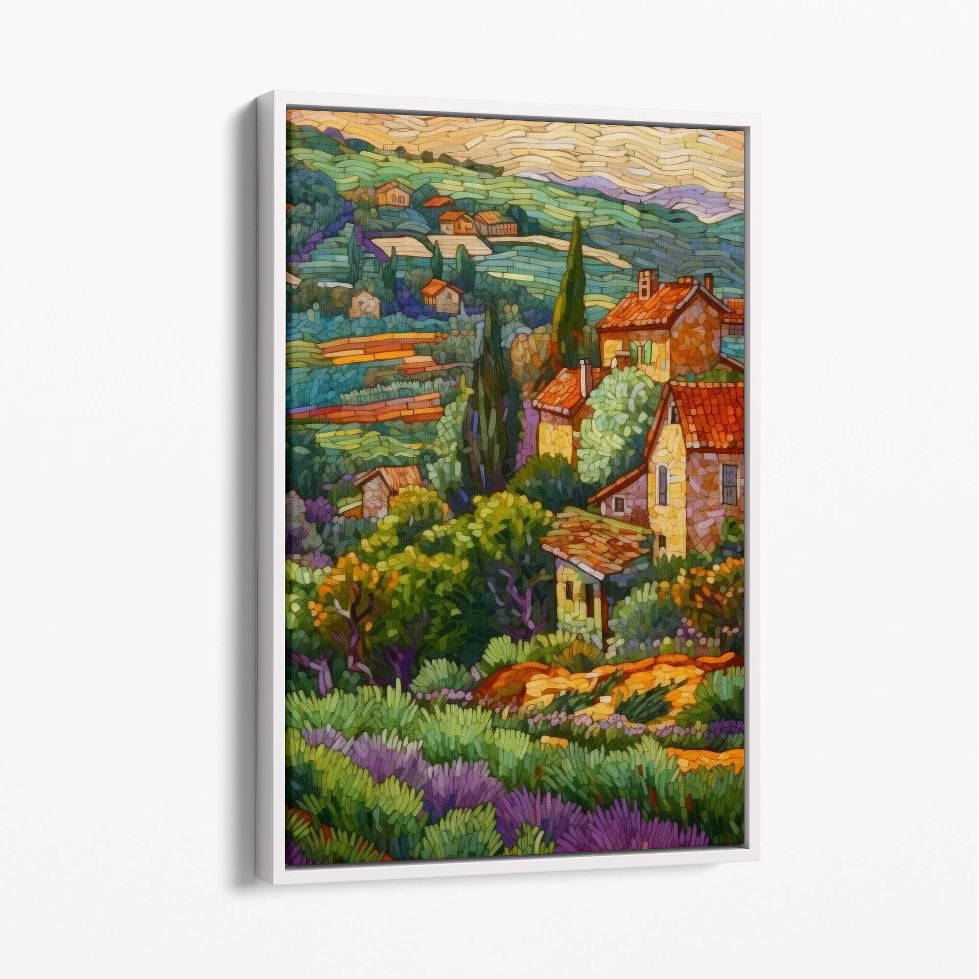 Farmhouse Fields Abstract Mosaic Style Painting Canvas Print with White Float Frame | Artze Wall Art UK