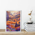 Mountain Scene Mosaic Abstract Style Painting Art Print in purple and orange