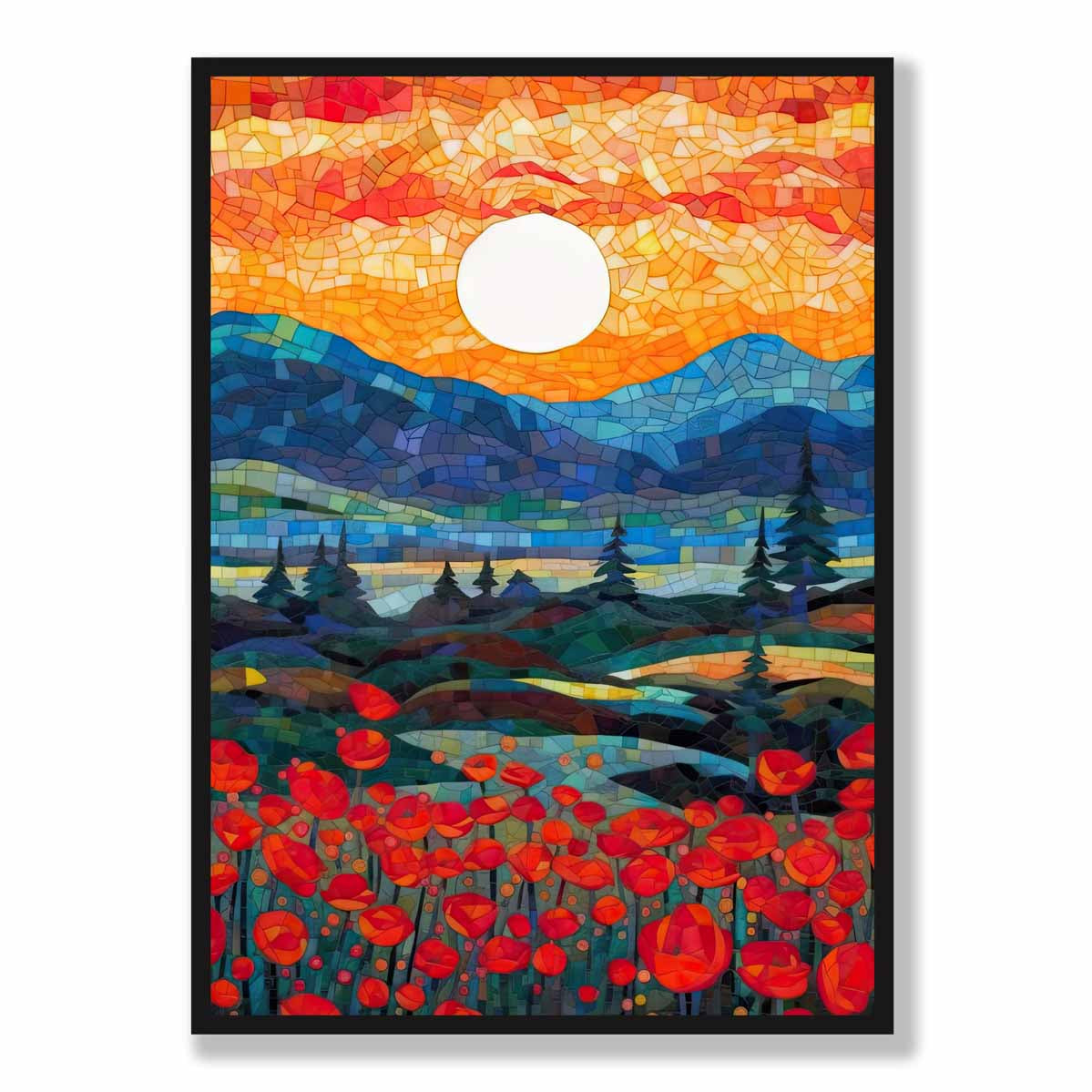 Sunrise Mountains and Poppy Fields Mosaic Abstract Style Painting Art Print