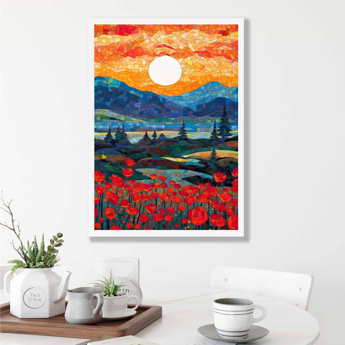 Sunrise Mountains and Poppy Fields Mosaic Abstract Style Painting Art Print