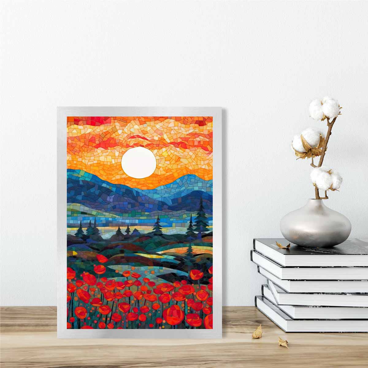 Sunrise Mountains and Poppy Fields Mosaic Abstract Style Painting Art Print