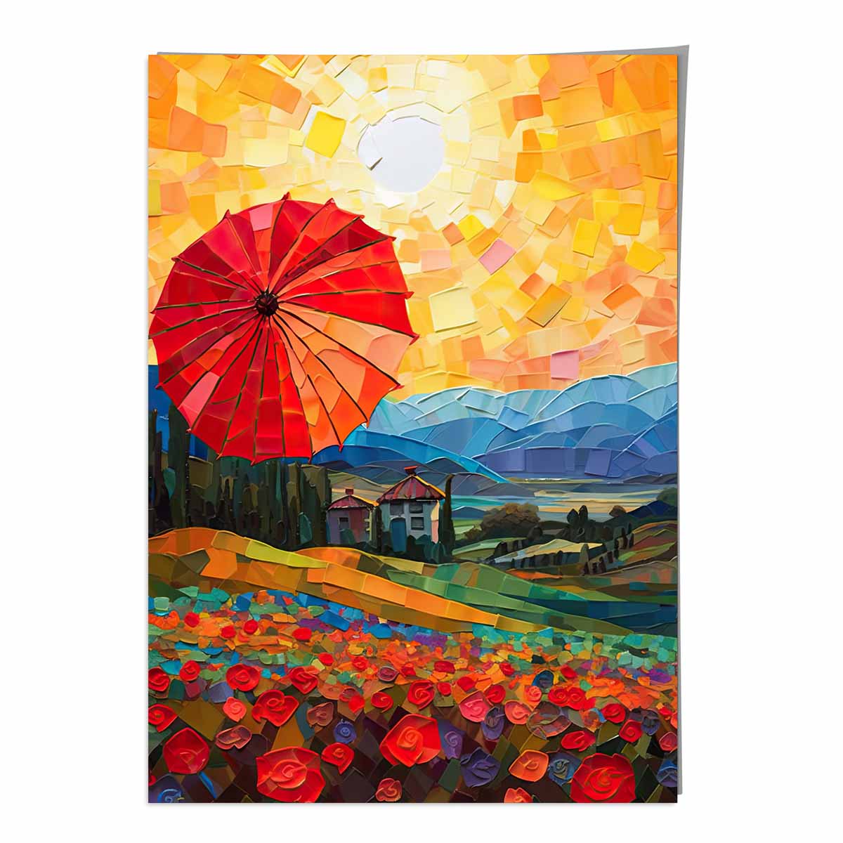 Red Fields and Umbrella Palette Knife Abstract Painting Art Print