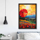 Red Fields and Umbrella Palette Knife Abstract Painting Art Print