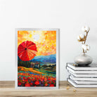 Red Fields and Umbrella Palette Knife Abstract Painting Art Print