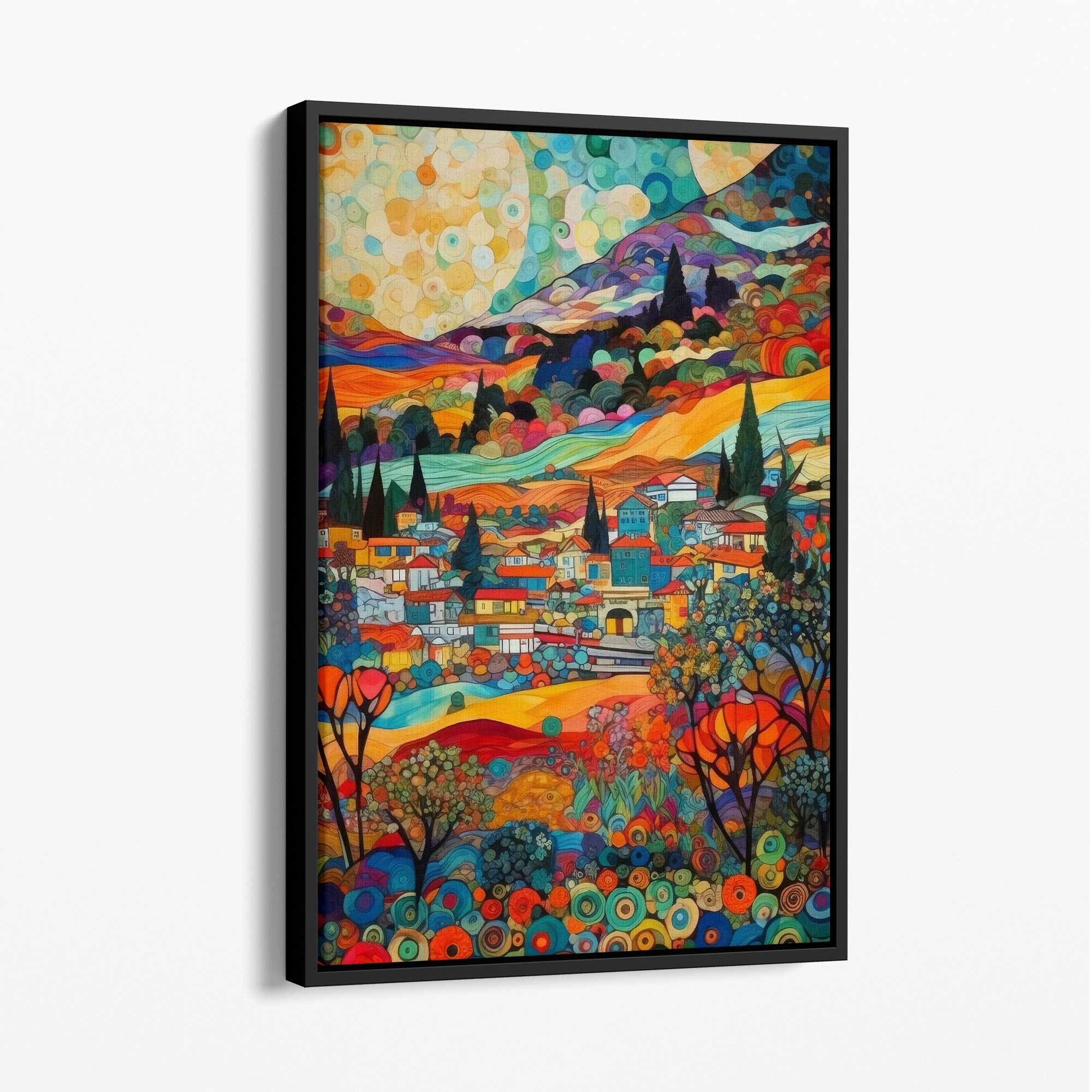 Colourful Cityscape Mosaic Style Abstract Painting Canvas Print with Black Float Frame | Artze Wall Art UK