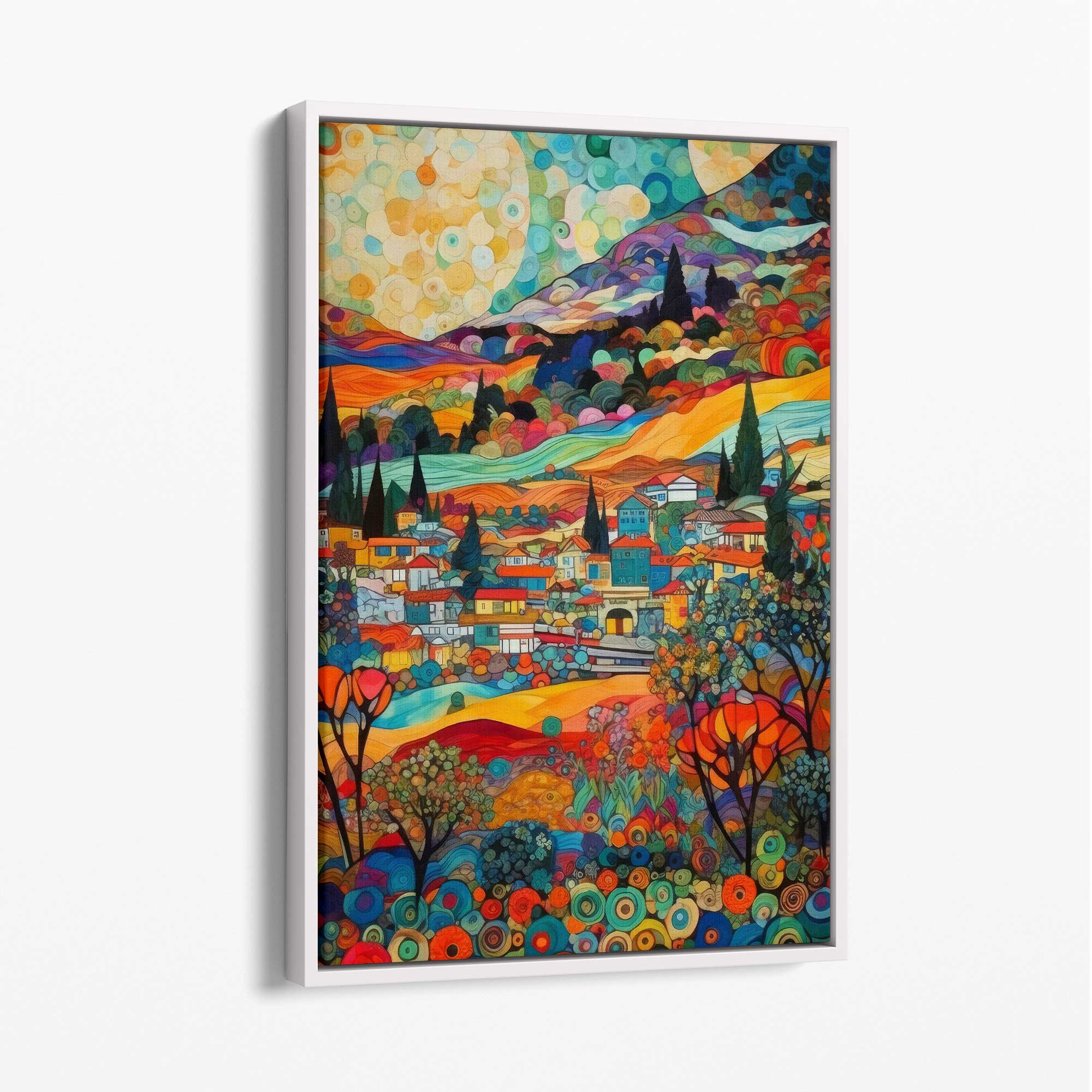 Colourful Cityscape Mosaic Style Abstract Painting Canvas Print with White Float Frame | Artze Wall Art UK