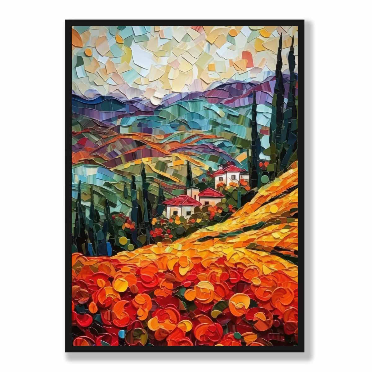 Red Fields and Mountains Palette Knife Abstract Painting Art Print