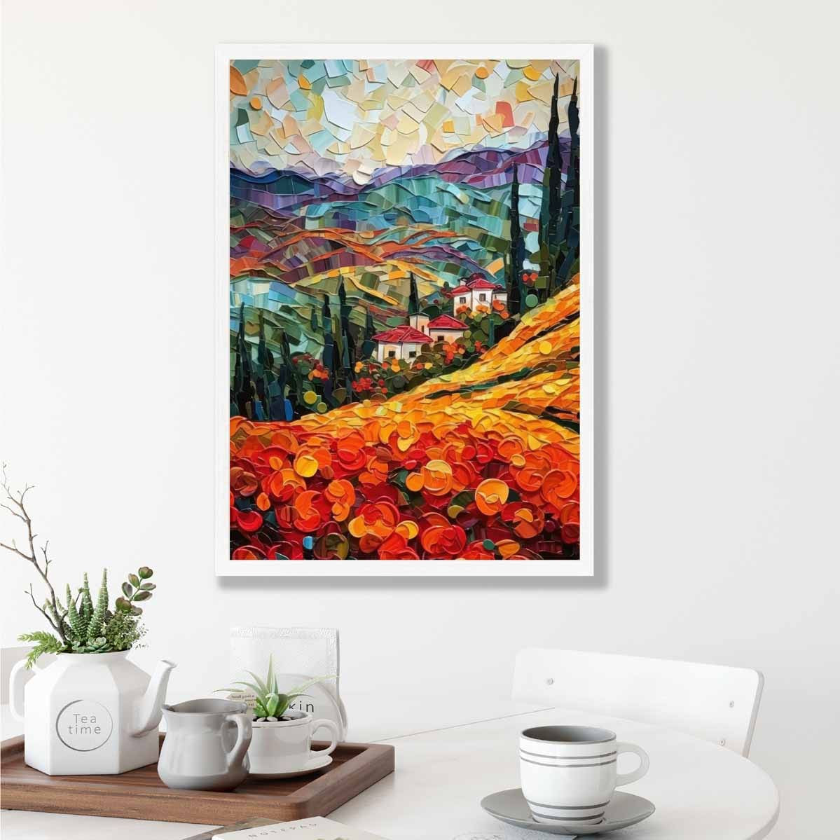 Red Fields and Mountains Palette Knife Abstract Painting Art Print