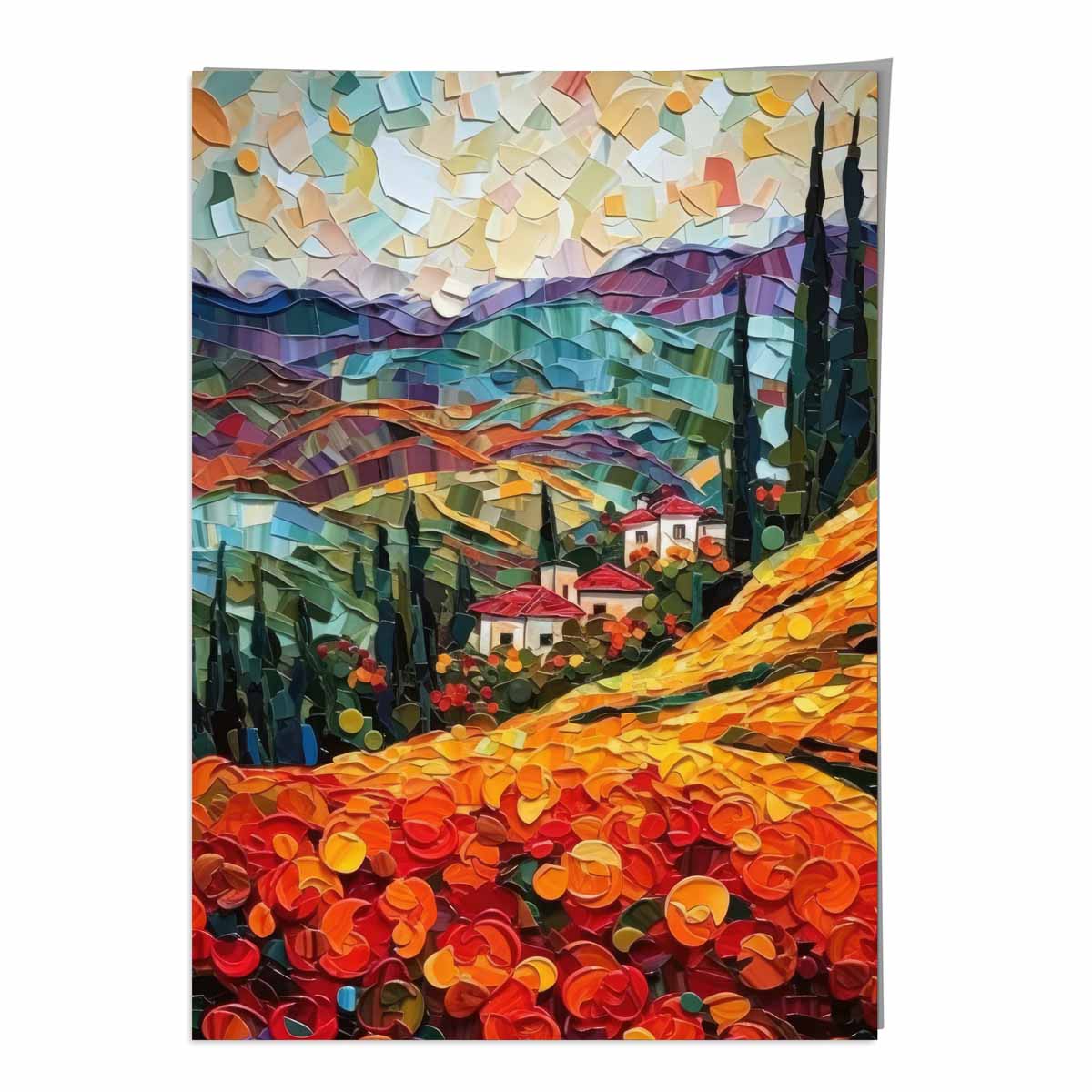 Red Fields and Mountains Palette Knife Abstract Painting Art Print