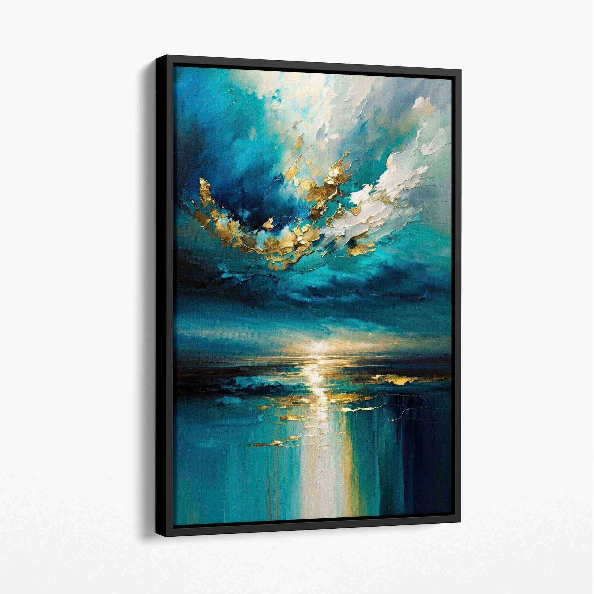 Ocean Painting with Gold Effect Canvas Print No 2 with Black Float Frame | Artze Wall Art UK