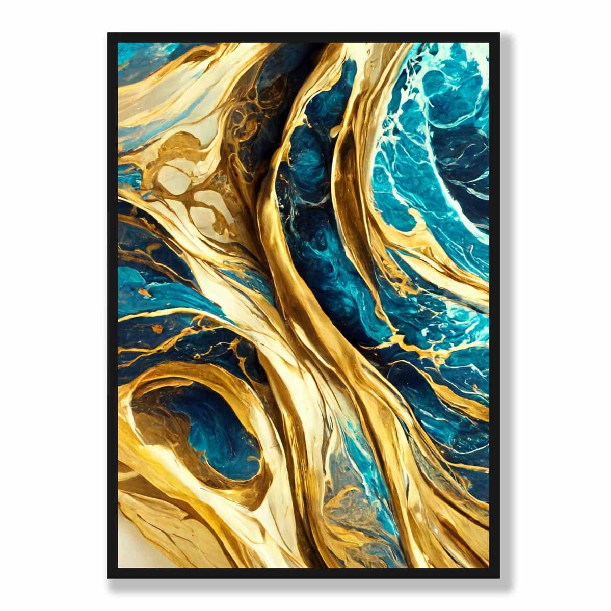 Abstract Art Print Waves in Blue and Gold effect
