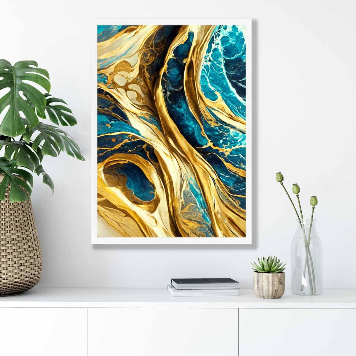 Abstract Art Print Waves in Blue and Gold effect