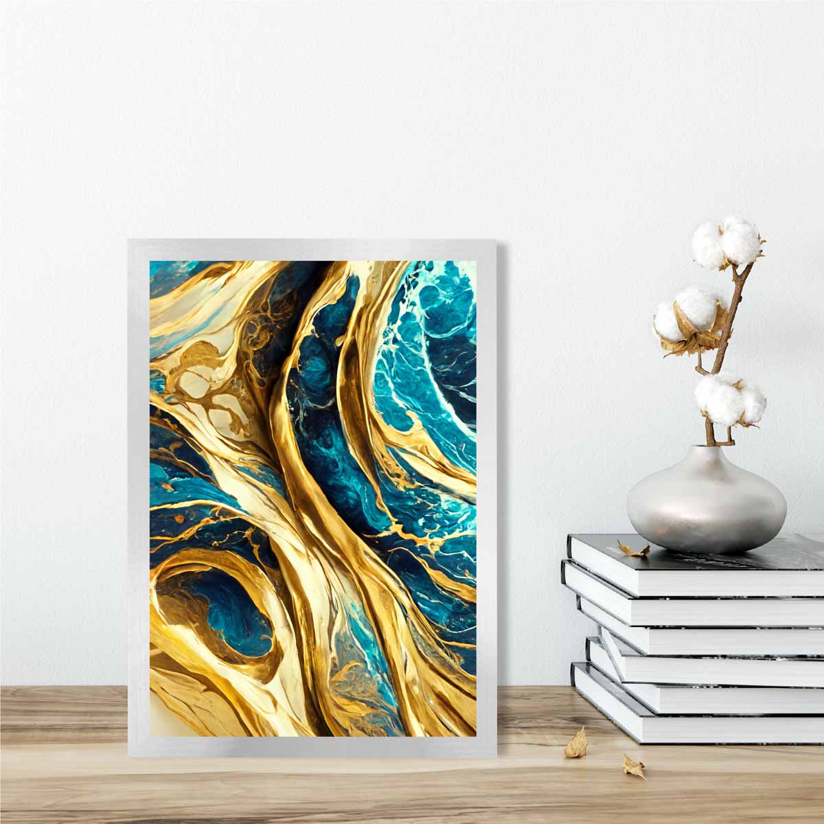 Abstract Art Print Waves in Blue and Gold effect