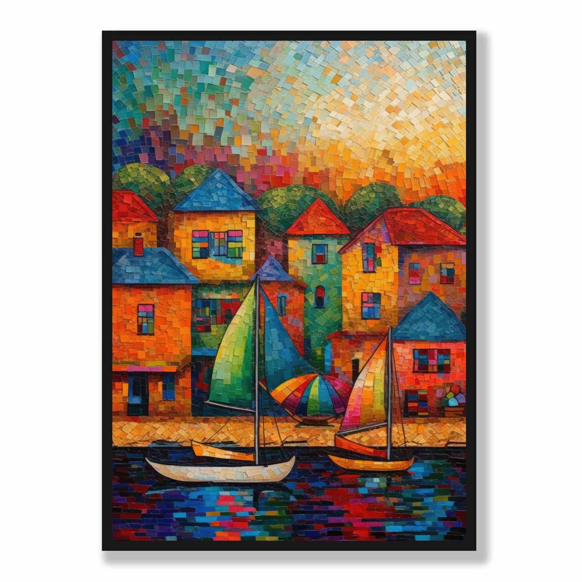 Sailing Boats and Houses Abstract Palette Knife Painting Art Print