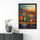 Sailing Boats and Houses Abstract Palette Knife Painting Art Print