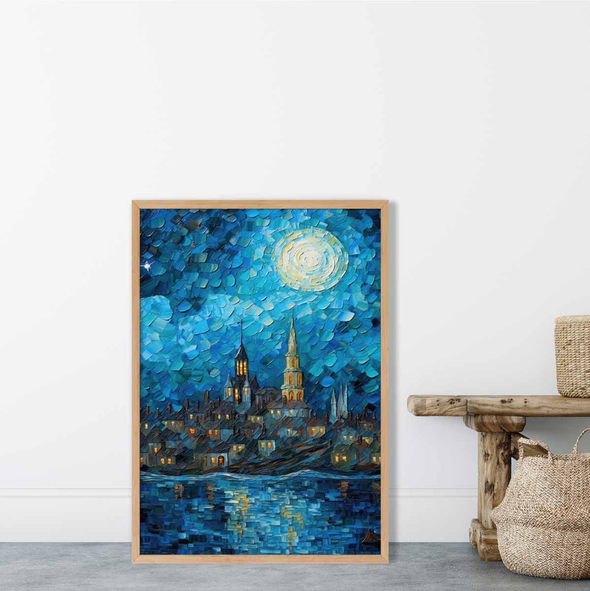 City on a Lake at Night Palette Knife Painting Art Print