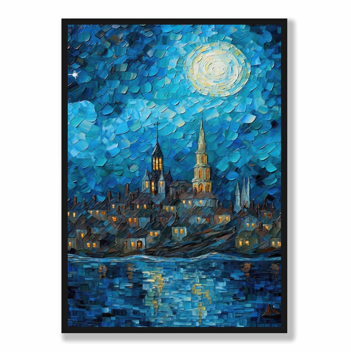 City on a Lake at Night Palette Knife Painting Art Print