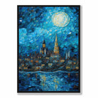City on a Lake at Night Palette Knife Painting Art Print