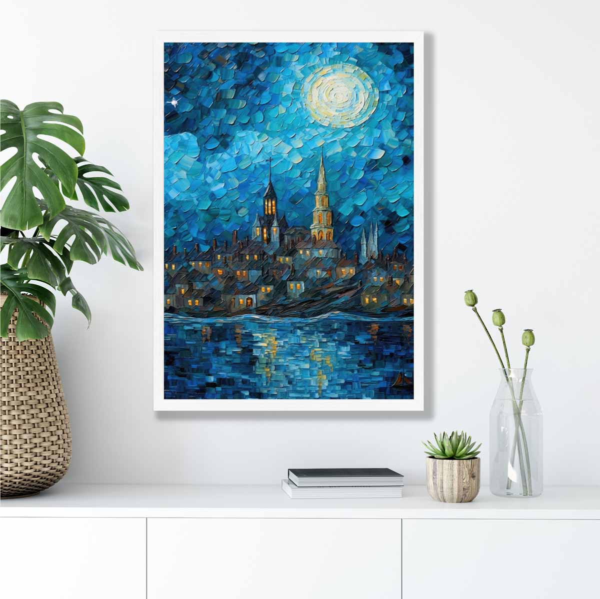 City on a Lake at Night Palette Knife Painting Art Print