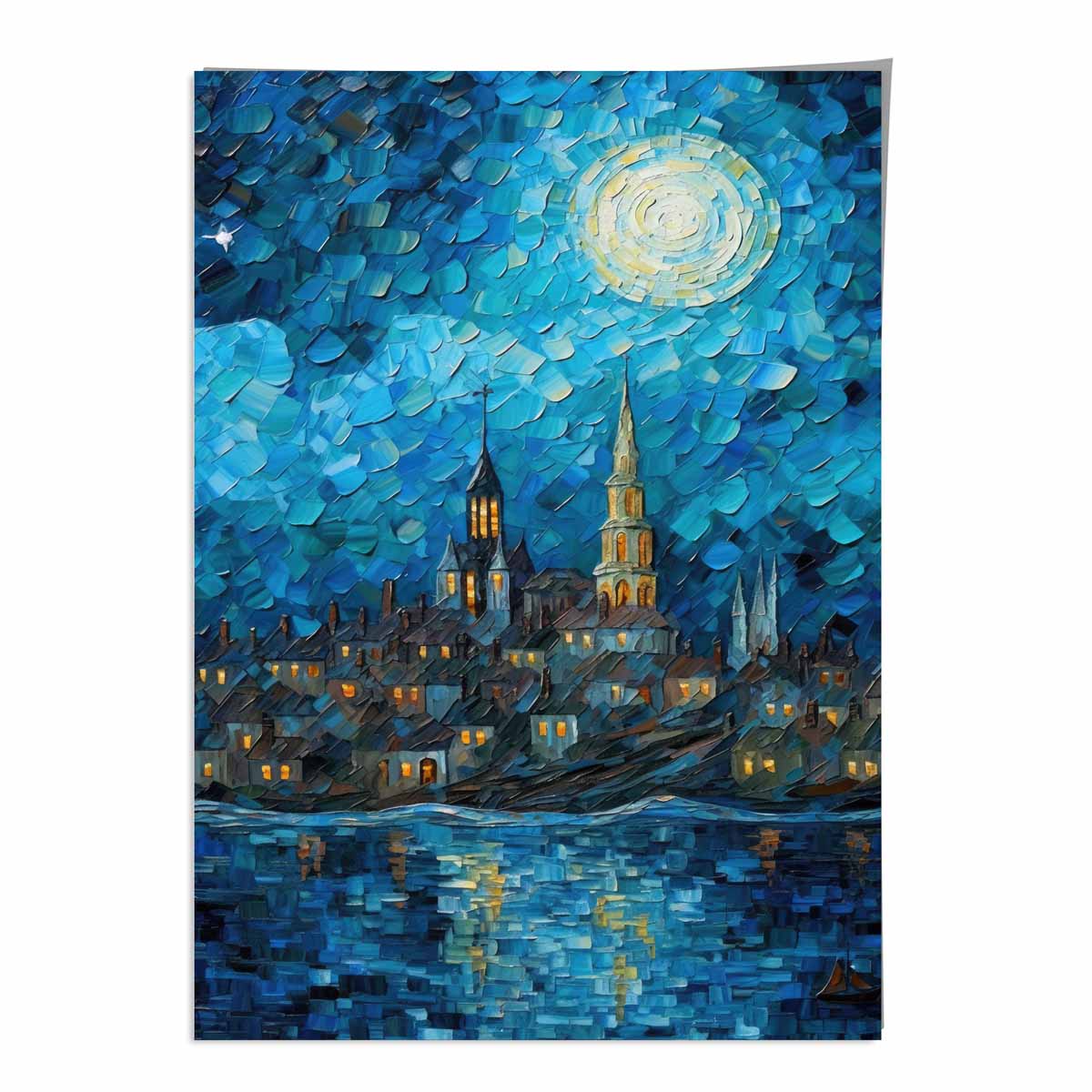 City on a Lake at Night Palette Knife Painting Art Print
