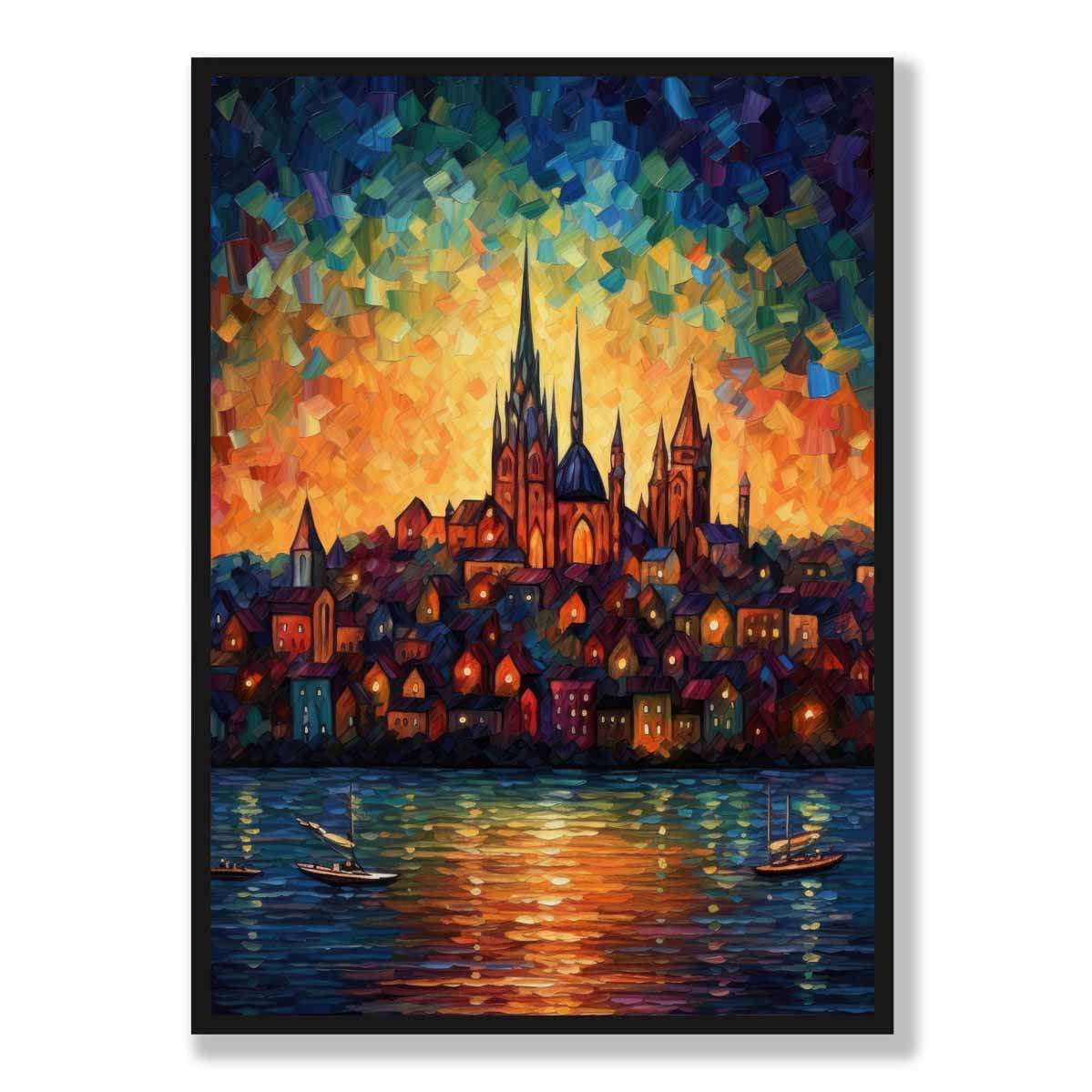 Lakeside City at Sunset Palette Knife Painting Art Print