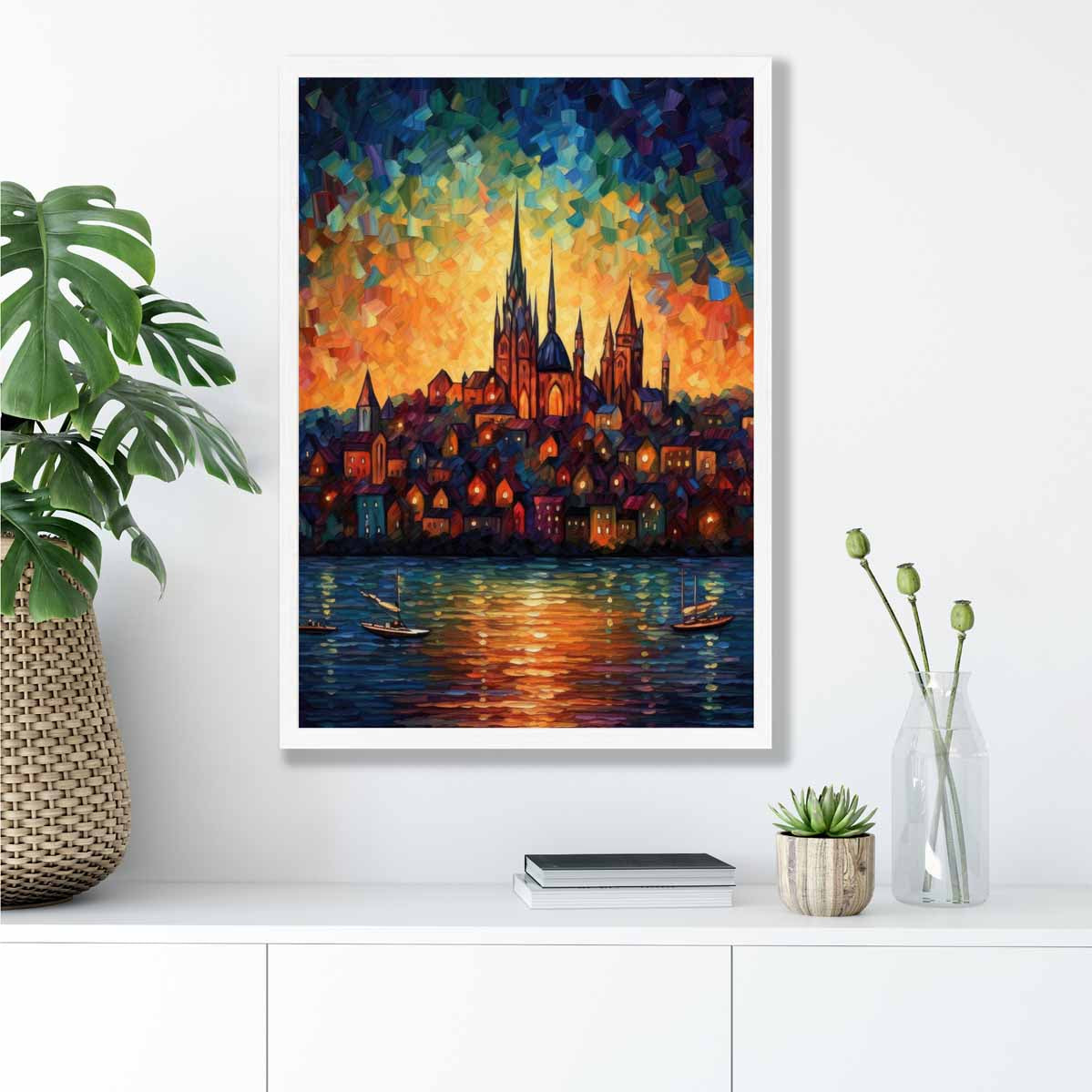 Lakeside City at Sunset Palette Knife Painting Art Print