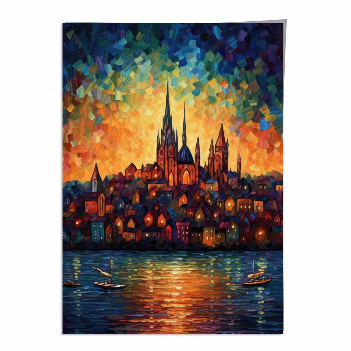 Lakeside City at Sunset Palette Knife Painting Art Print
