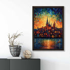 Lakeside City at Sunset Palette Knife Painting Art Print