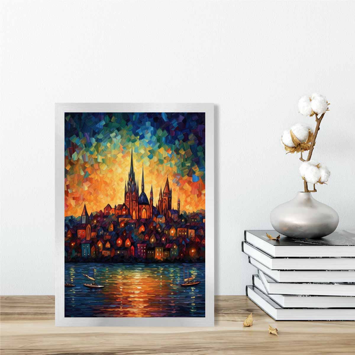 Lakeside City at Sunset Palette Knife Painting Art Print