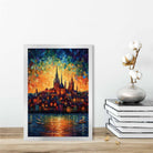 Lakeside City at Sunset Palette Knife Painting Art Print