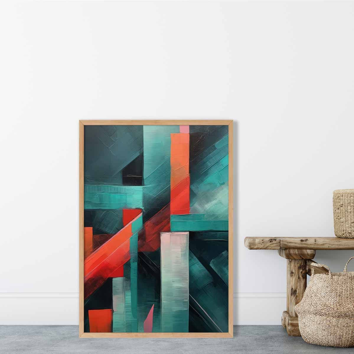 Painting of Abstract Shapes Art Print Teal and Red No 1
