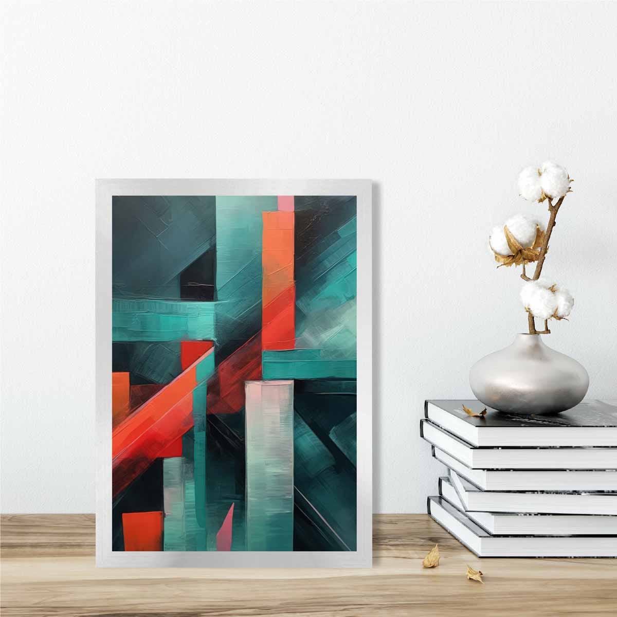 Painting of Abstract Shapes Art Print Teal and Red No 1