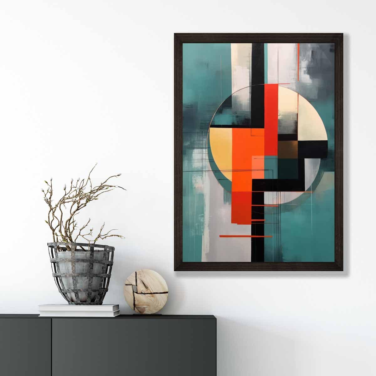 Abstract Shapes Art Print Teal Red and Grey No 1