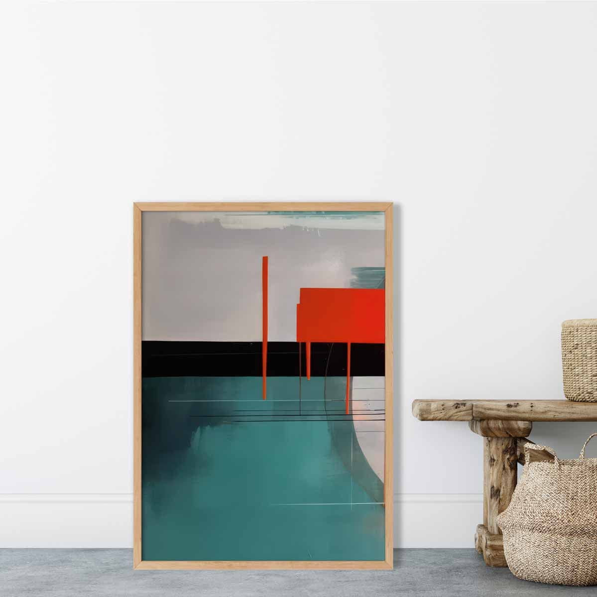 Abstract Shapes Art Print Teal Red and Grey No 2